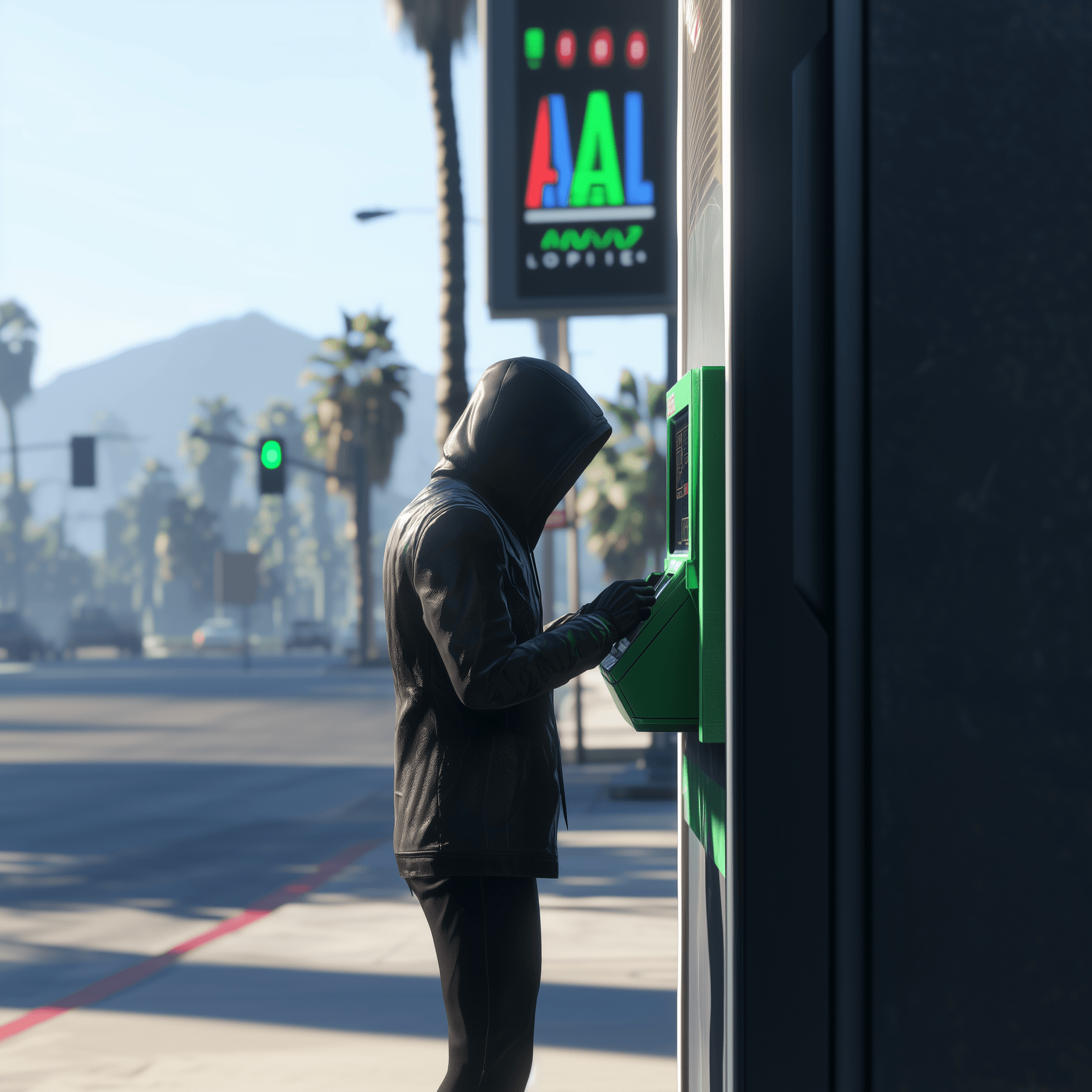 Personnage de Flex City piratant un distributeur automatique pendant le job ATM Robbery