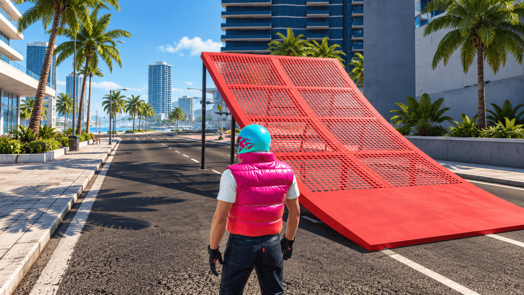 Jogador de Flex City em frente a uma grande rampa personalizada na cidade